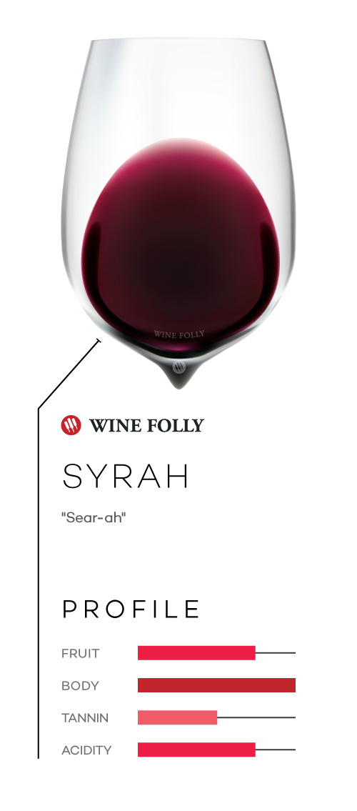 Syrah wine in a glass with taste profile and pronunciation