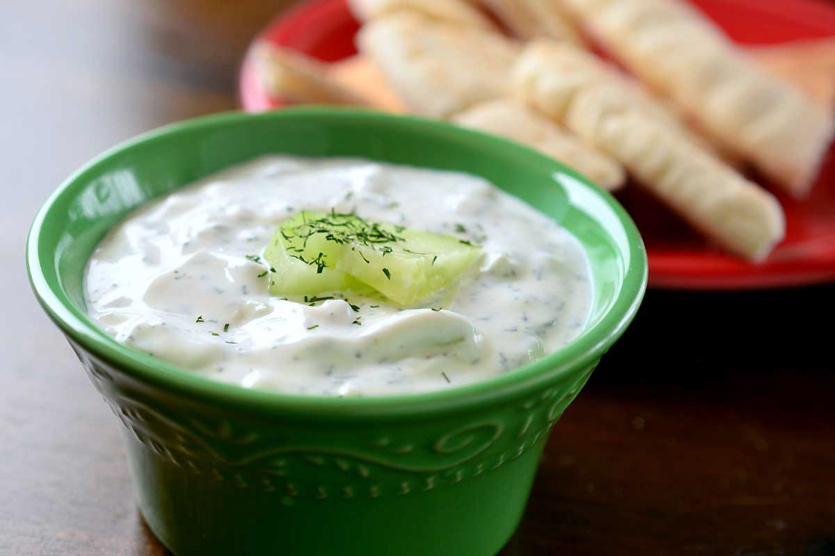 Tzatziki and pita bread. By D. Smith.